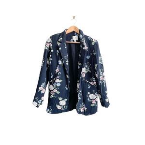 Lila Rose Floral Open Blazer Navy Blue Long Sleeve Women's XS Lined